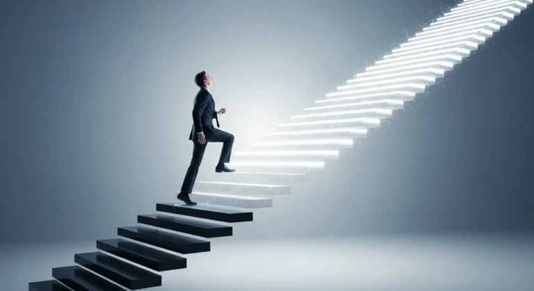 Ein Verkaufsleiter steigt eine symbolische Glastreppe empor, was den Karrieresprung in eine strategische Führungsposition durch eine Weiterbildung darstellt.