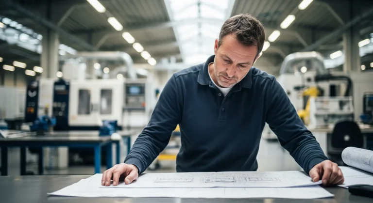 Ein erfahrener Technischer Kaufmann in einer Produktionshalle, dessen Porträt realistische Hauttextur und Konzentration zeigt – Symbol für die im Beruf geforderte Praxiserfahrung.