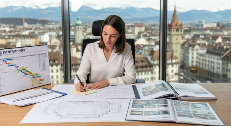 Eine Event Managerin koordiniert eine Veranstaltung in der Schweiz und zeigt die vielfältigen Aufgaben und Skills, die im Berufsbild gefordert sind.
