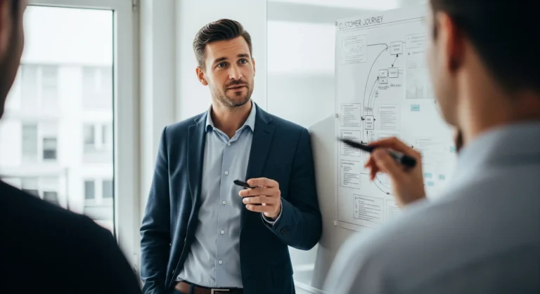 Ein Marketing Manager leitet ein Teammeeting in der Schweiz und demonstriert die Führungsaufgaben und strategischen Kompetenzen, die in der Ausbildung vermittelt werden.