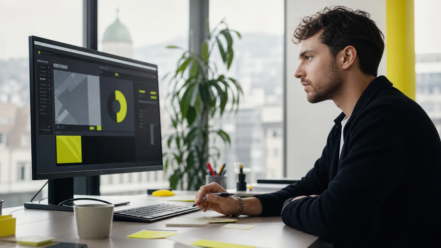 Marketing-Fachperson plant eine KI-gestützte Kampagne am Bildschirm im Zürcher Büro