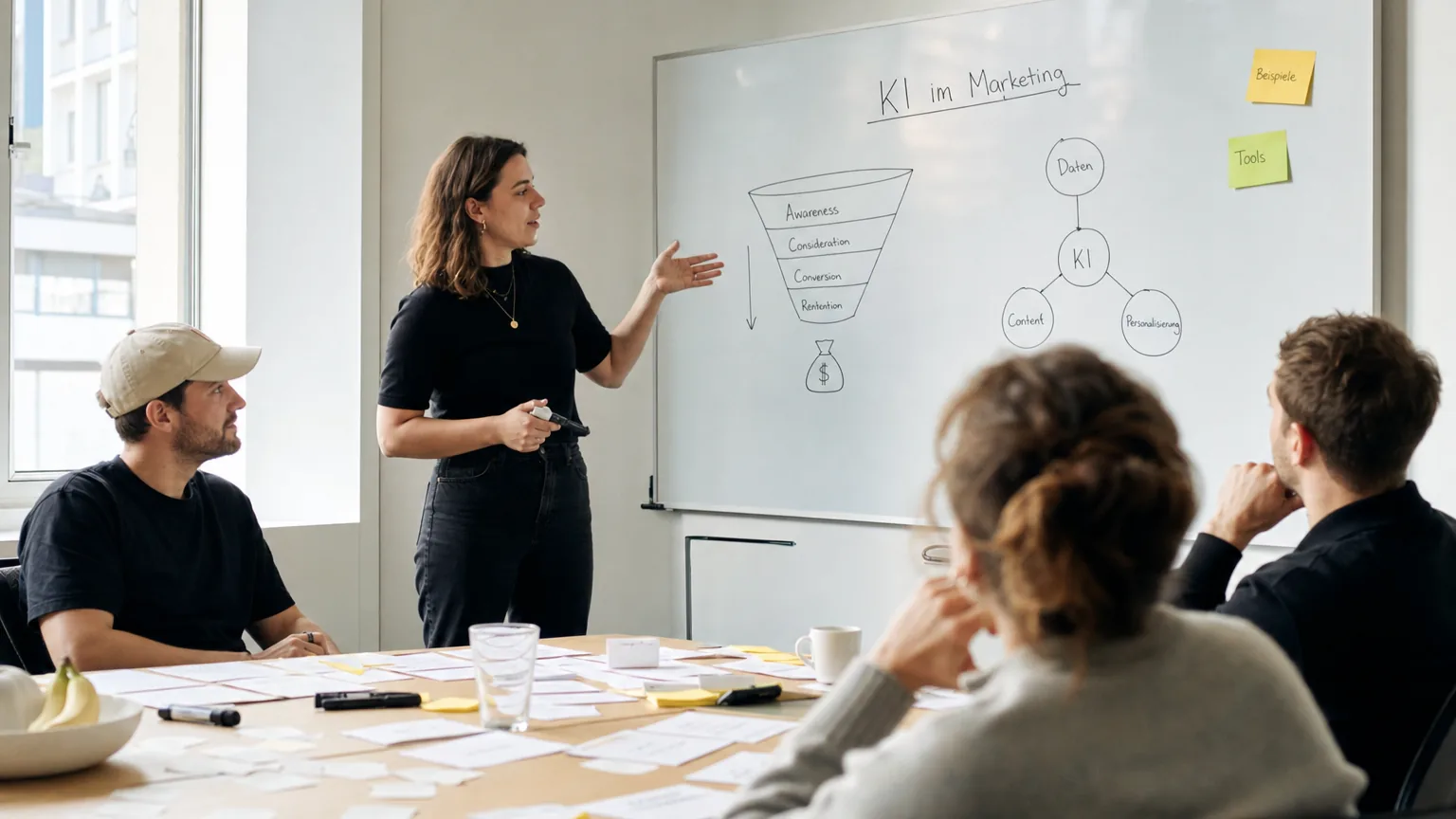 Cross-funktionale Geschäftsleitung an einem Workshop-Tisch bewertet KI-Use-Cases