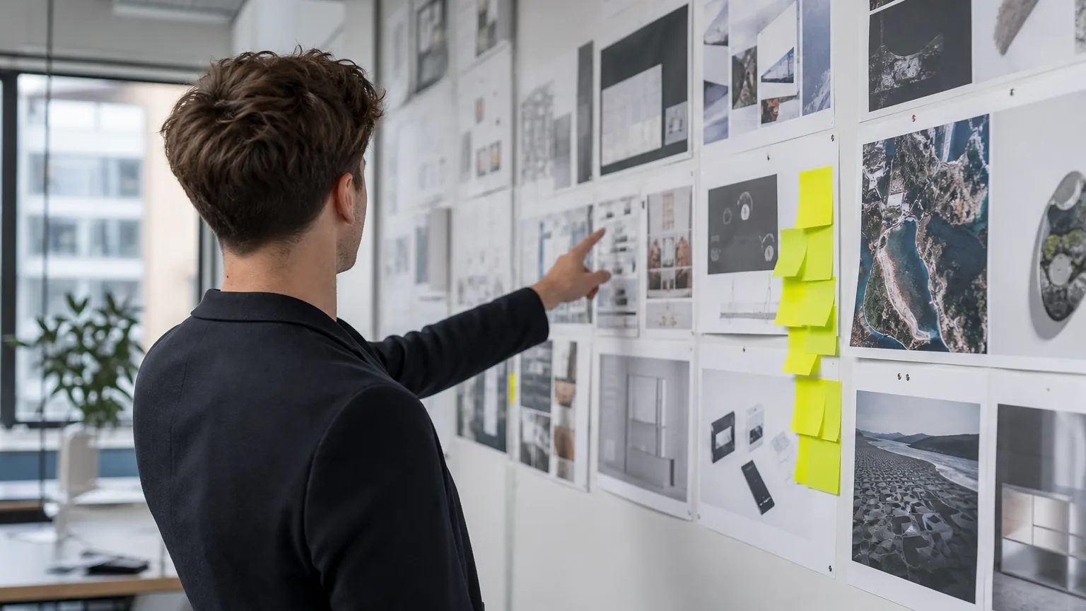 Marketingfachfrau vor Kampagnen-Boards in modernem Buero