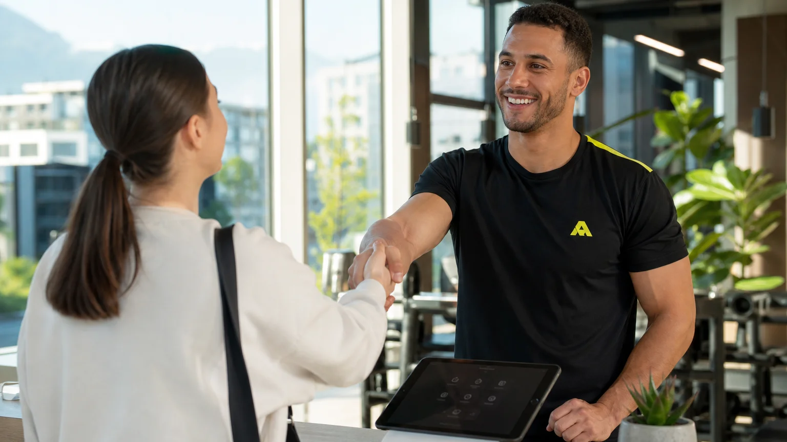 Trainerin und neue Kundin am Empfangstresen eines Boutique-Fitnessstudios in der Schweiz
