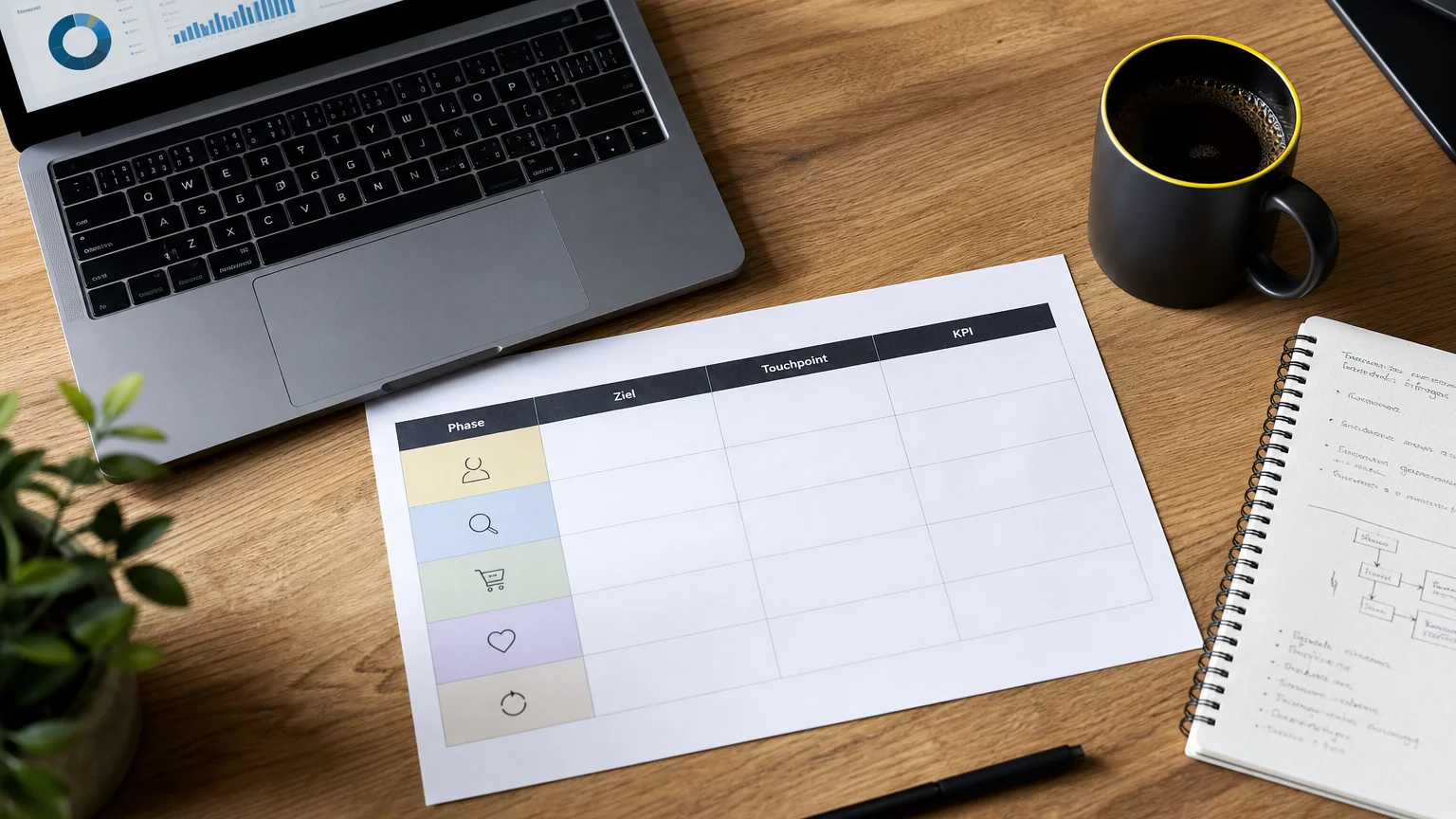 Customer Journey Vorlage als ausgedrucktes Raster auf einem Schreibtisch, daneben Laptop und Notizen