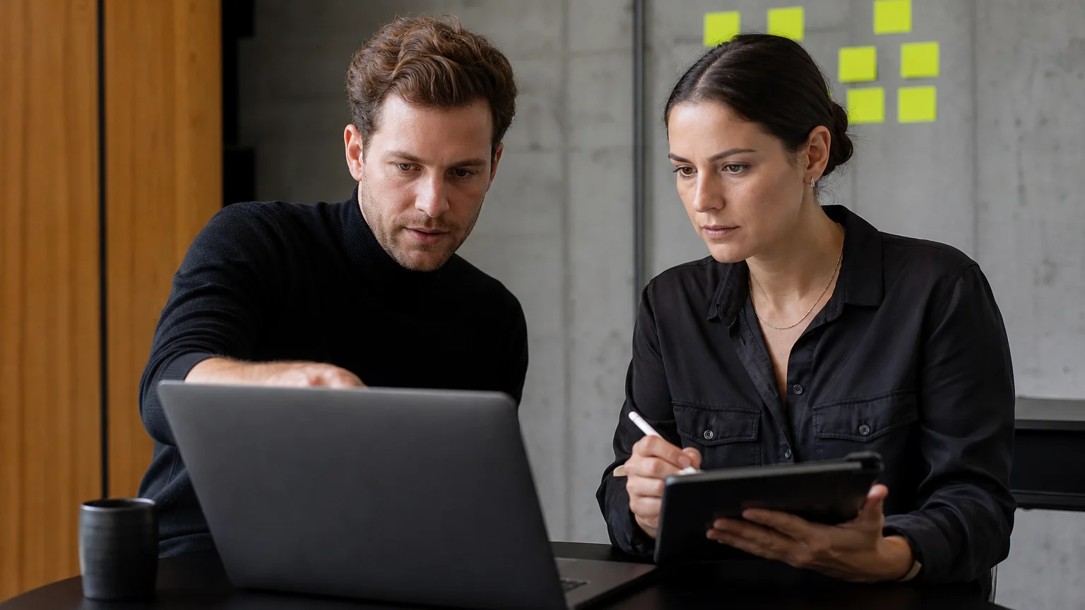 Zwei Marketing-Verantwortliche besprechen KPIs am Laptop im Schweizer Büro
