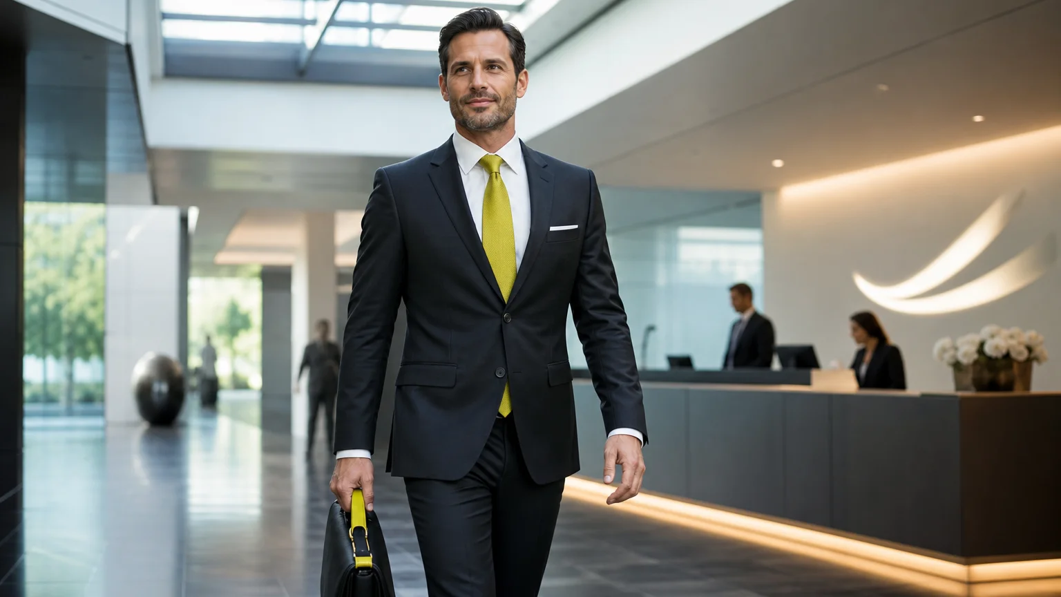Senior Key Account Manager verlässt einen Schweizer Firmensitz nach einem erfolgreichen Termin