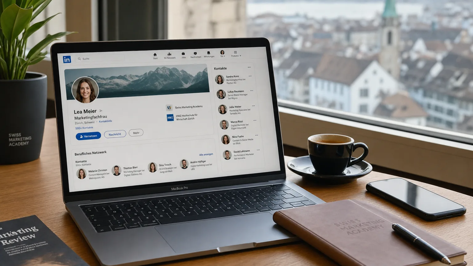 LinkedIn-Profil auf einem MacBook in einem modernen Schweizer Co-Working-Space