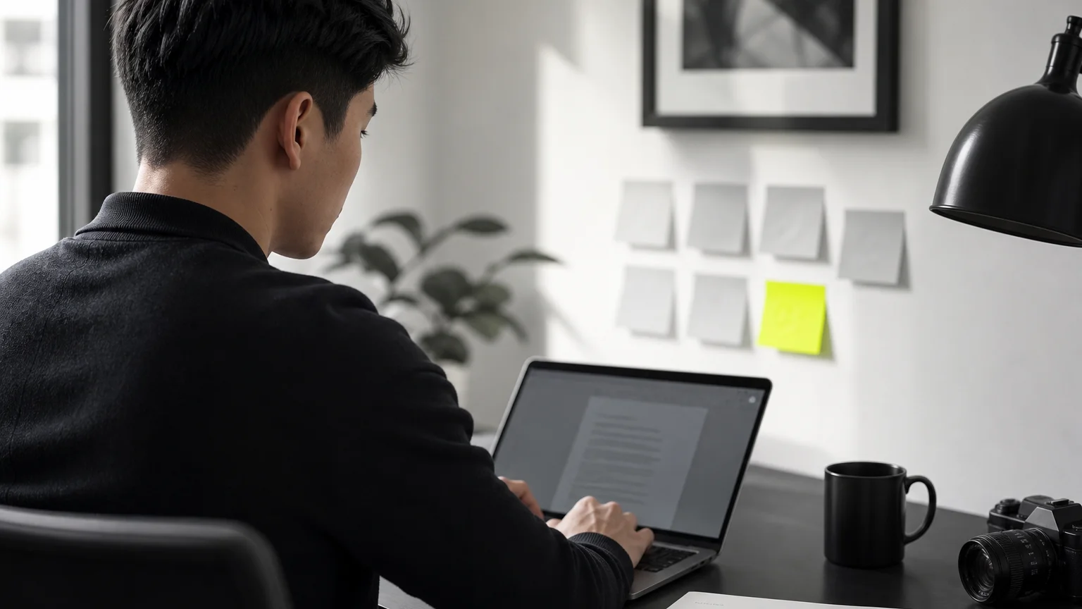 Marketing-Professional schreibt Medienmitteilung am Laptop mit Workflow-Notes