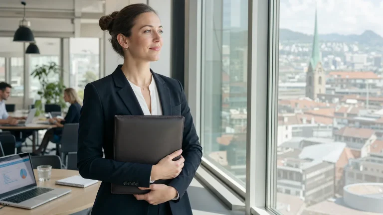 Selbstbewusste Marketing-Fachfrau mit Diplommappe in einem modernen Zürcher Büro