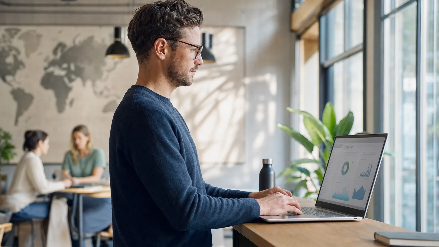 Fachperson bewirbt sich am Laptop in einem hellen Co-Working-Space