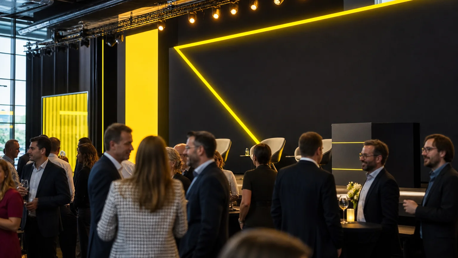 Schweizer Eventbühne mit Sponsoren-Branding und Networking-Publikum