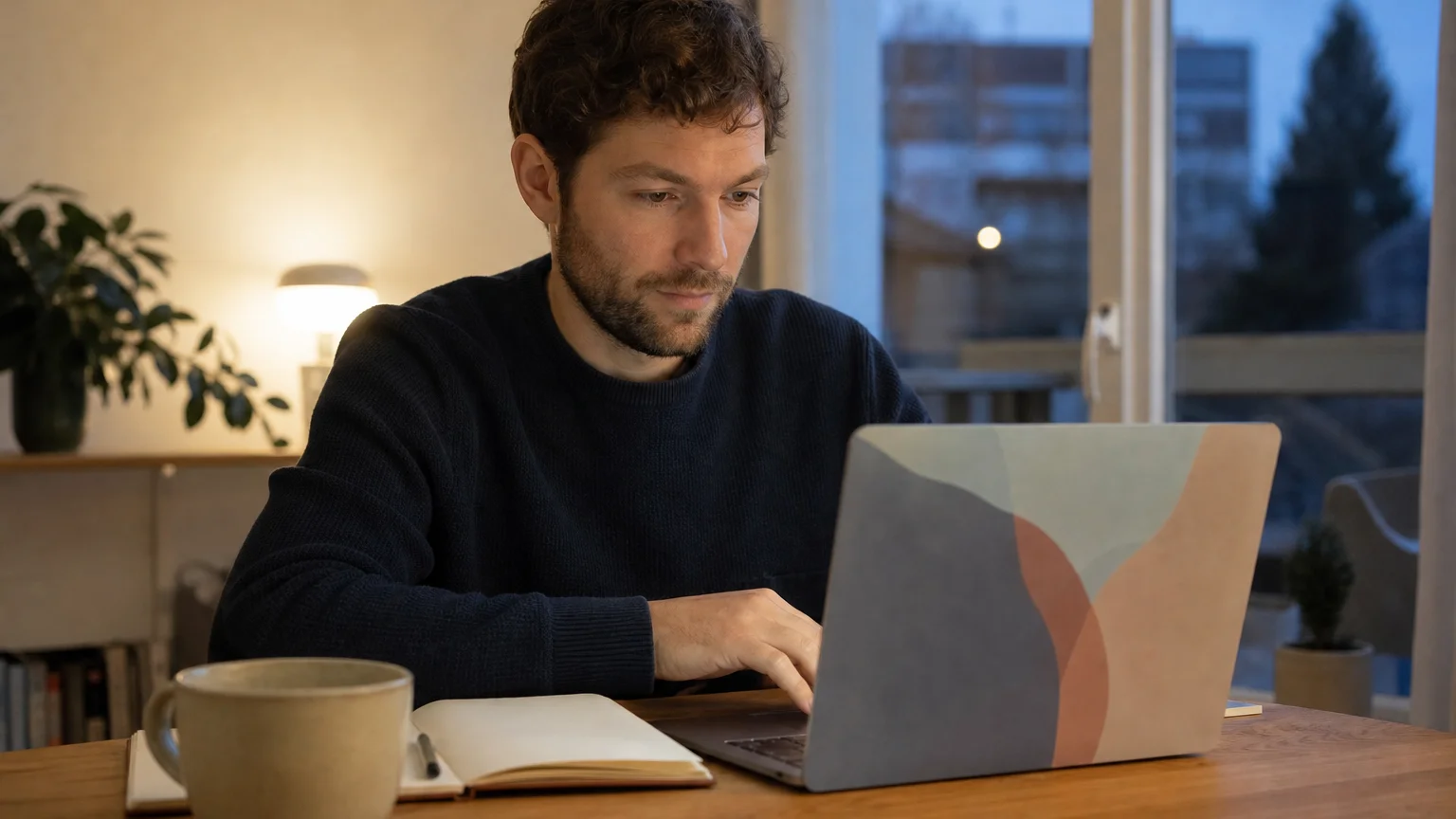 Berufstätige lernt abends am Laptop von zuhause