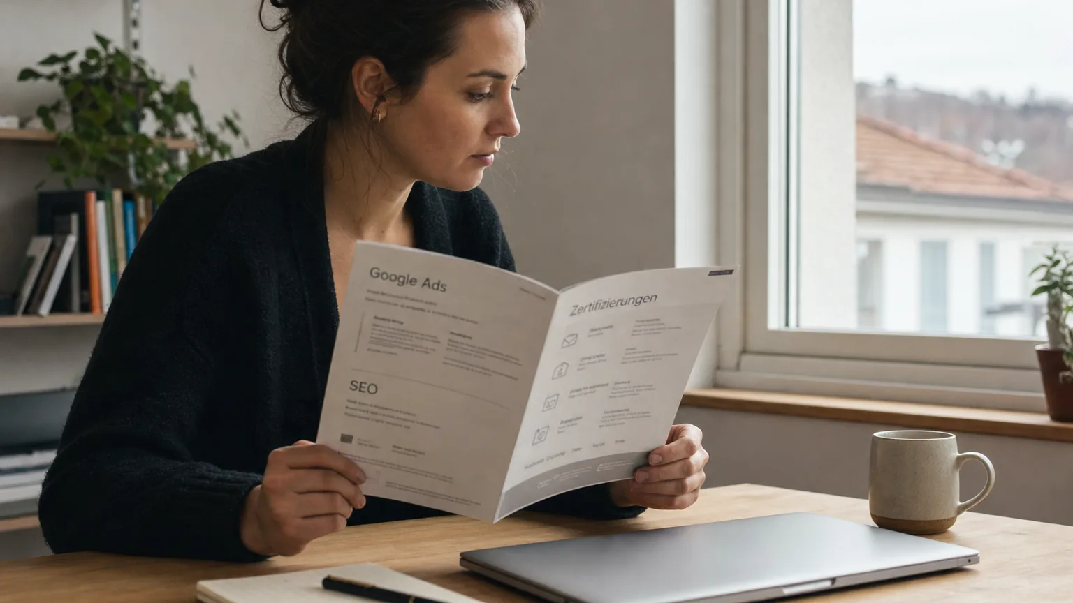 Flatlay mit Smartphone, Broschüre, Diplommappe und Laptop auf dunklem Tisch