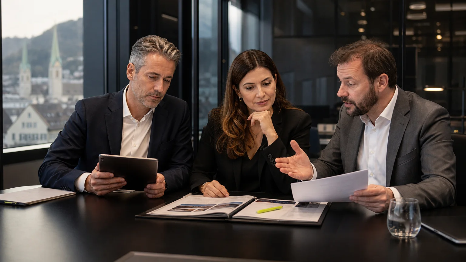HR-Panel prüft Bewerbungsunterlagen in einem modernen Konferenzraum