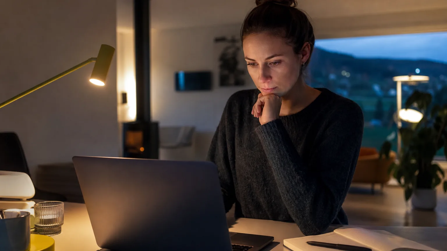 Berufstätige Person lernt abends berufsbegleitend am Laptop zu Hause
