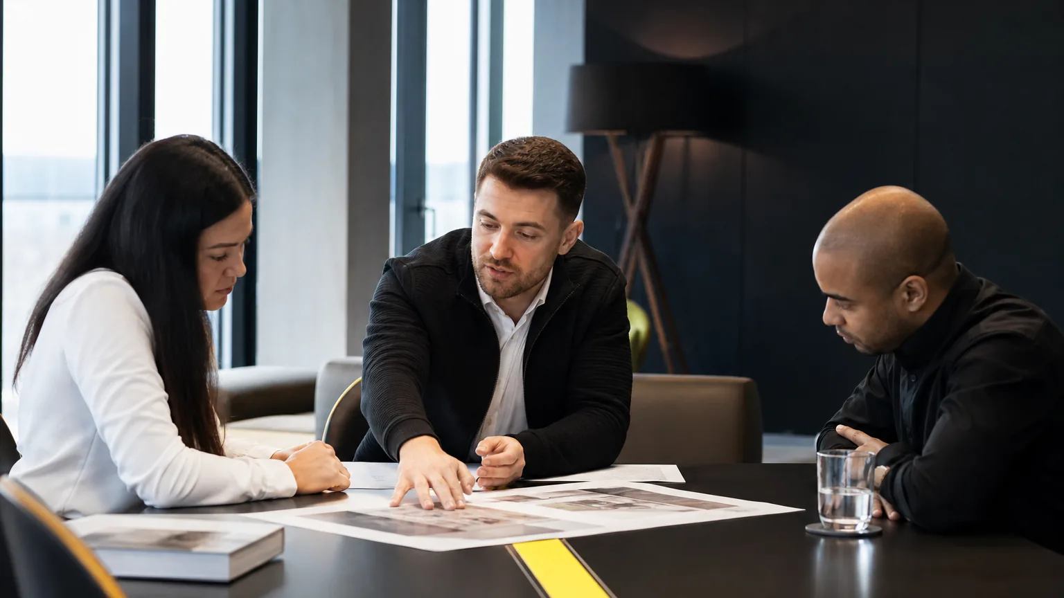 Technischer Kaufmann leitet ein Gespräch zwischen Technik- und Vertriebskolleg:innen im Büro