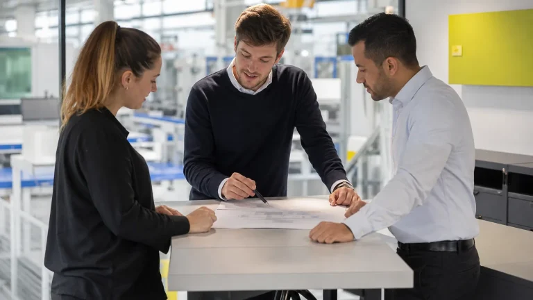 Technischer Kaufmann bespricht Projektkalkulation zwischen Produktion und Vertrieb